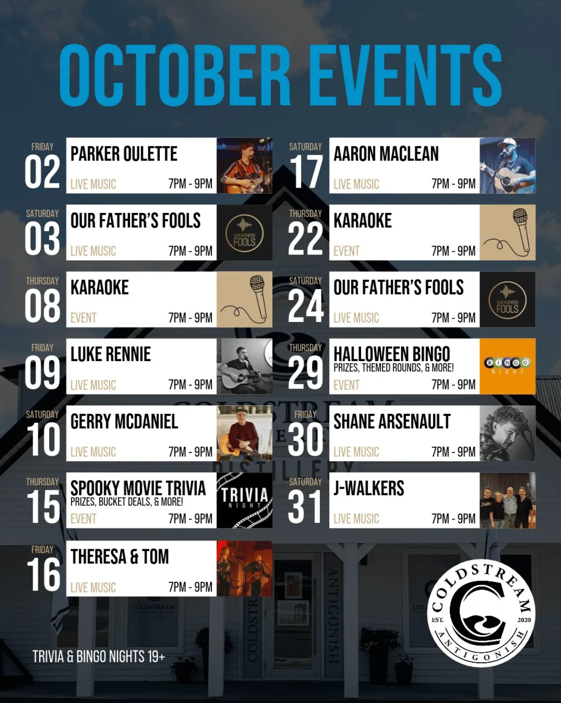 Coldstream Antigonish October events calendar listing live music, karaoke, trivia and bingo nights, each from 7 to 9 p.m.