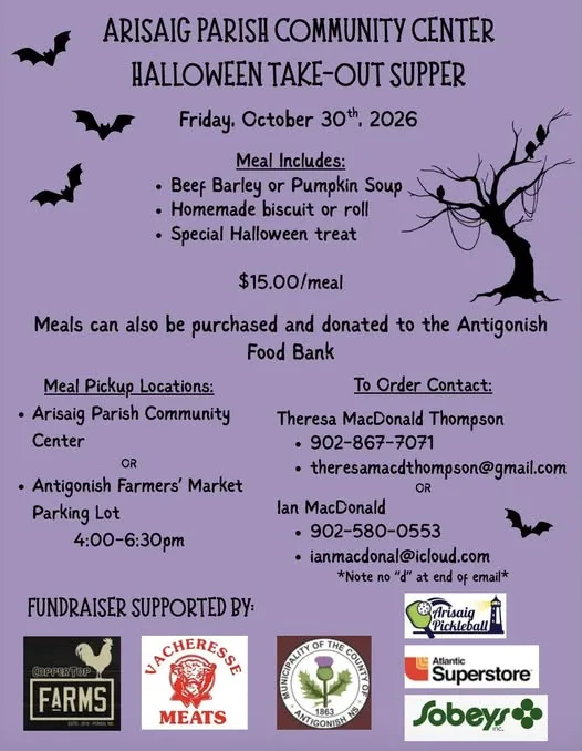 Purple Halloween take-out supper poster with bats, meal choices, $15 price, order contacts and the October 30 pickup window of 4–6:30 p.m.