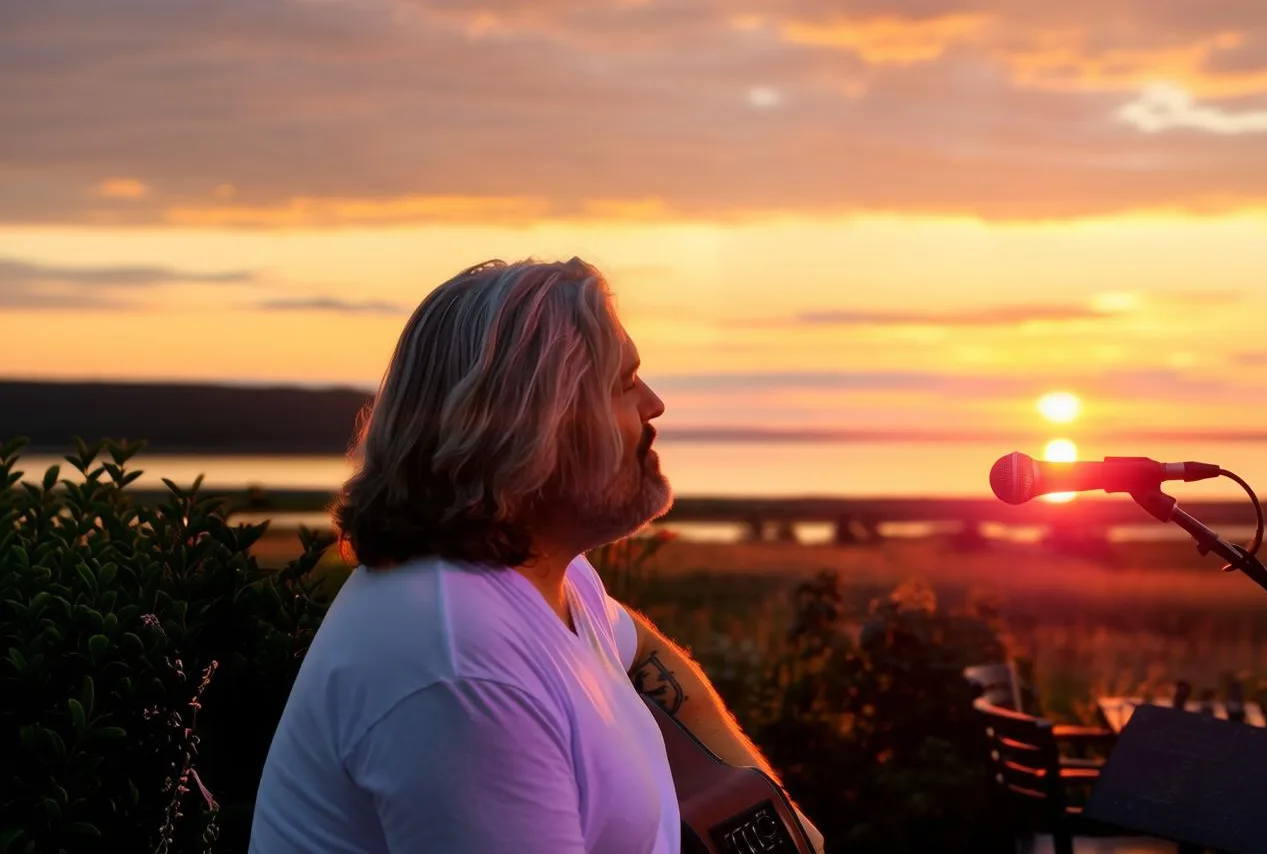 Geoff Kennedy holding a guitar beside a microphone outdoors at sunset.