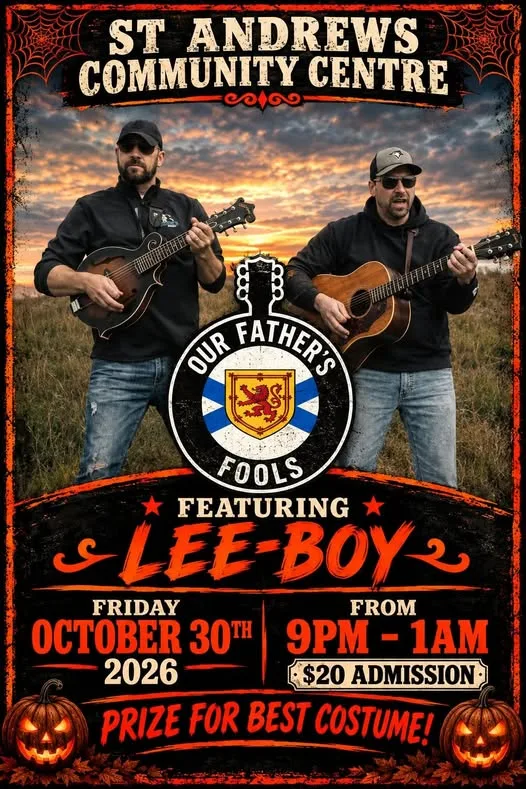Current St Andrews Halloween dance poster naming Our Father’s Fools featuring Lee-Boy, October 30, 9 p.m.–1 a.m., with $20 admission.
